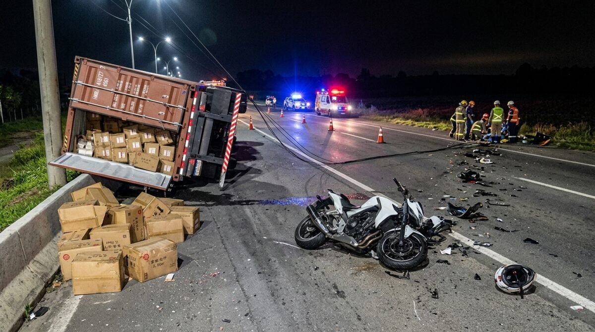 Após caminhão tombar e derrubar poste, motociclista bate na estrutura e é arremessado por cerca de 30 metros na BR-116, na Grande Curitiba