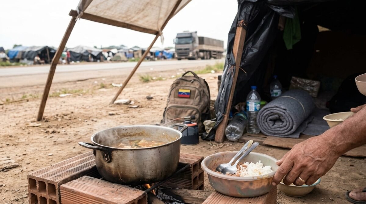 Sem dinheiro, venezuelanos acampam às margens de rodovia na fronteira do Brasil: 'aqui pelo menos temos comida'