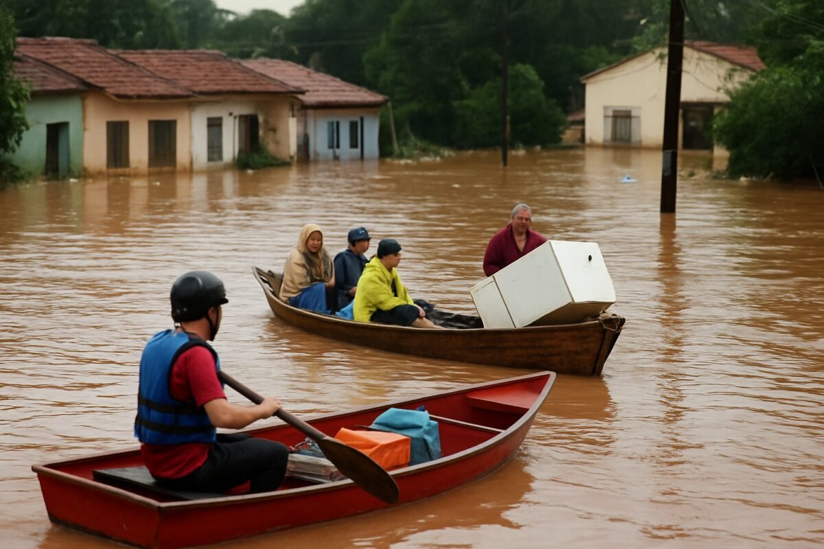 VÍDEO: moradores precisam usar barcos após cheia de rios alagar casas e ruas na fronteira entre Brasil e Paraguai